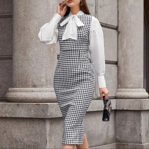 Houndstooth Tie neck long sleeve dress